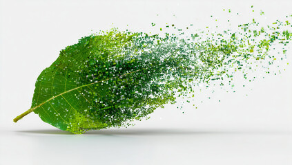 Single green leaf transforming into digital pixels eco concept