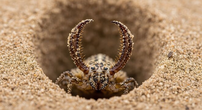 Intimidating antlion larva emerges from sandy pit with powerful pincers ready to capture prey in stunning macro detail