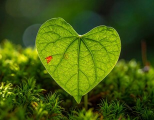 Heart-shaped, vibrant green leaf illuminated by sunlight, nestled in moss