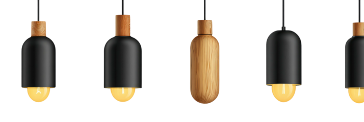 A row of five hanging light fixtures, some black and some wood, with bright yellow bulbs