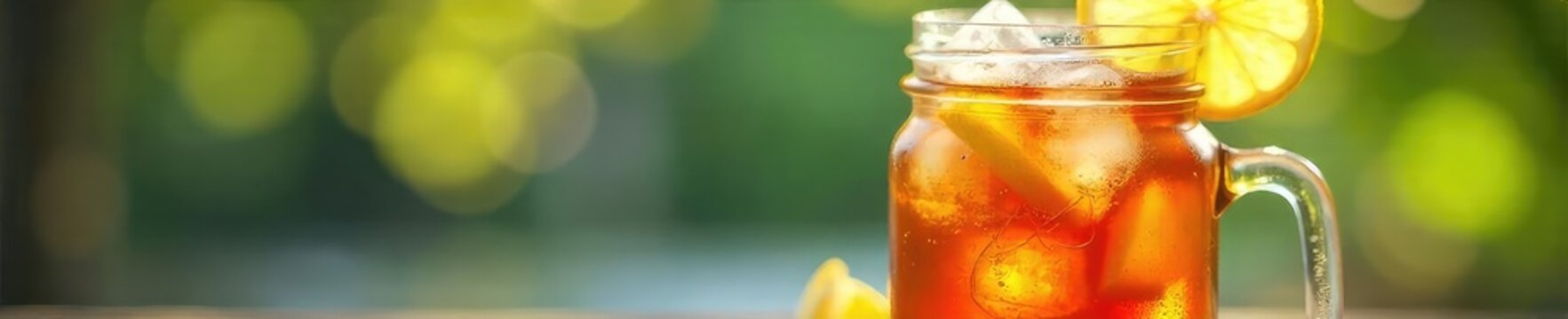 Refreshing iced tea in a mason jar with ice cubes and lemon slices, perfect for a hot summer day Enjoy the cool, crisp beverage , cool, invigorating