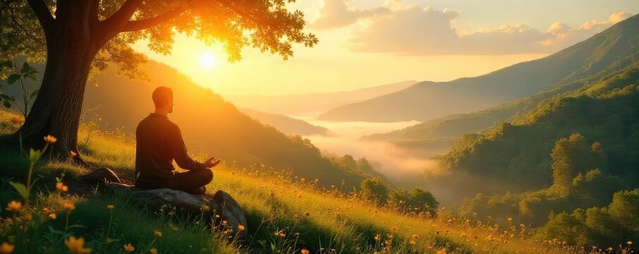 Serene landscape bathed in golden sunlight, conveying peace and spiritual awakening Perfect for meditation, mindfulness, and spiritual growth themes , spiritual, belief