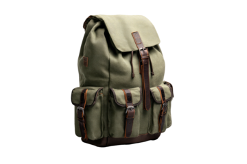 A sturdy olive-green canvas backpack with leather accents and multiple exterior pockets