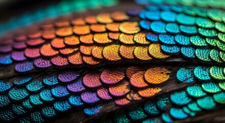 Fototapeta premium Stunning iridescent scales shimmer with vibrant rainbow hues, showcasing intricate natural texture and dazzling light play for a luxurious feel.