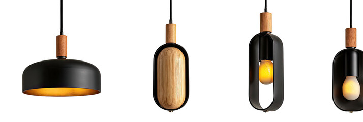 Four modern pendant lights in varying shapes and materials hang against a stark black background