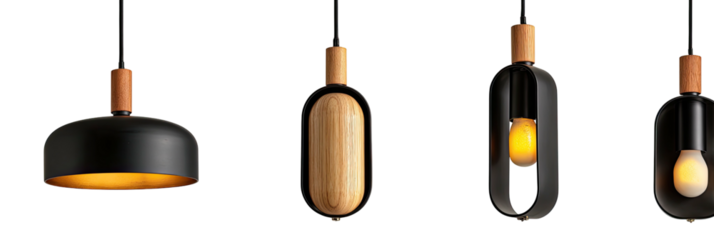 Four modern pendant lights in varying shapes and materials hang against a stark black background