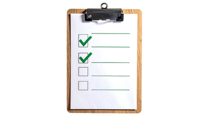 A wooden clipboard holds a checklist with two green checkmarks on a black background