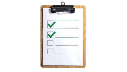 A wooden clipboard holds a checklist with two green checkmarks on a black background