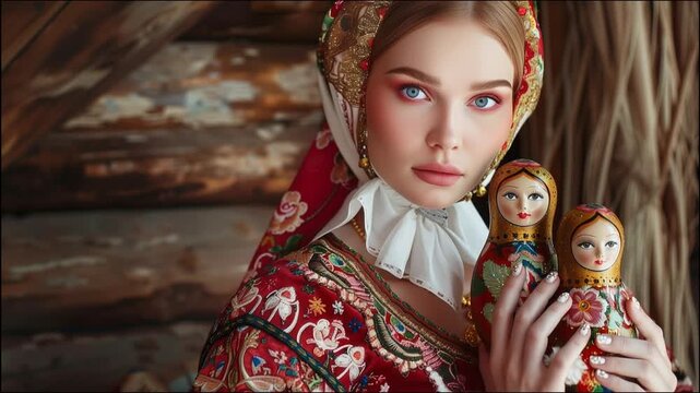 Beautiful woman in traditional Russian folk costume and ornate headscarf holding matryoshka nesting dolls, featuring intricate embroidery and cultural heritage aesthetic