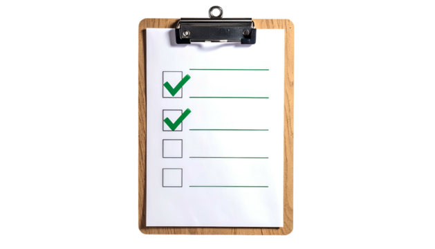 A wooden clipboard holds a checklist with two green checkmarks on a black background