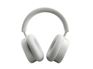 Overhead, wireless audio headset in white on a black background, offering noise cancellation