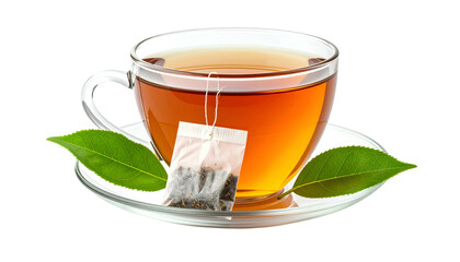 A clear teacup filled with amber tea, a tea bag, saucer and two green leaves are set against black