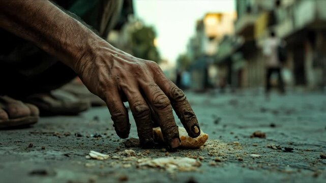 A worn hand reaches for scattered crumbs on the ground in a desolate street, a stark symbol of extreme need and desperate searching for sustenance amidst scarcity.