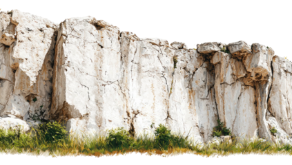Limestone cliffs and some vegetation stand out against a transparent background, close-up