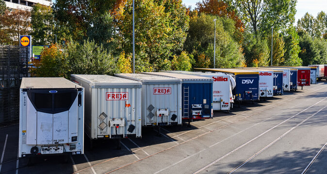 Kiel, Germany - 17. October 2025: Freja and DSV trailers parked at Kiel logistics hub