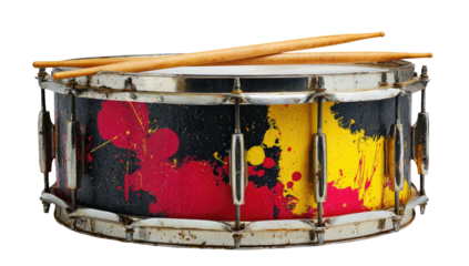 A vintage snare drum with drumsticks, featuring a black, red and yellow paint splatter design