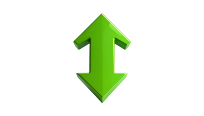 3D-rendered green vertical arrow symbol with upward and downward directions on black background