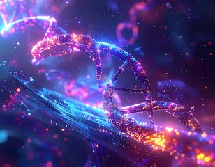 Illuminated double helix structure amidst a vibrant, space-like backdrop
