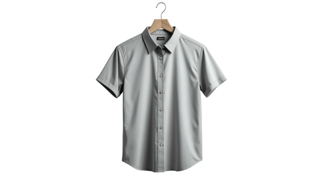 A light grey short-sleeved button-down shirt, hanging from a wooden hanger