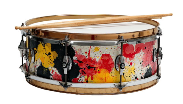 A snare drum, colorfully adorned with paint splatters, rests with drumsticks on top