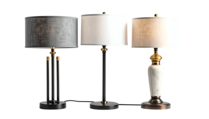 Three elegant table lamps with varying shades and bases on a black background