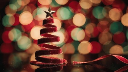 Obraz premium Festive Christmas Tree Ribbon Ornament with Bokeh Lights Background.