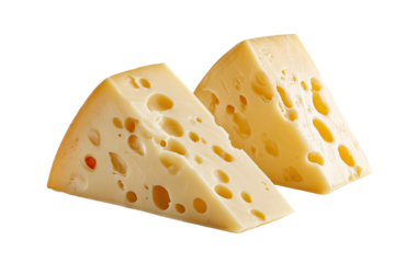 Two triangular pieces of Swiss cheese, showcasing a close-up view on a transparent background