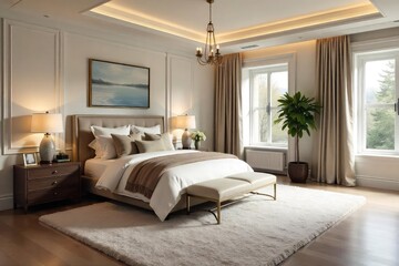 Luxurious master bedroom featuring a large, plush area rug The rug anchors the space and adds warmth and texture Perfect for design inspiration , area rug, sleeping area