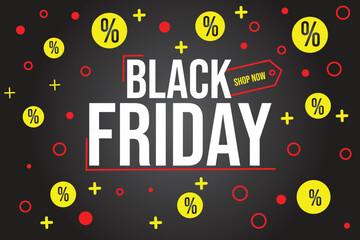 Flat design Black Friday illustration with bold text "Black Friday" on a dark background.The overall style is minimalist and eye catching using black,dark grey and yellow colors.