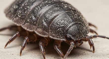 Stunning macro detail reveals the intricate segmented exoskeleton and multiple legs of a dark woodlouse crawling on a textured surface