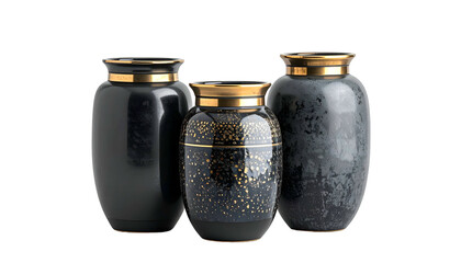 Three dark vases with gold rims, varying textures and designs, isolated on black