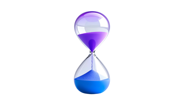 A translucent hourglass, purple and blue sand, isolated on black