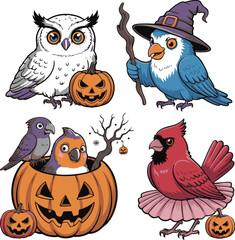 Obraz premium Four cartoon birds with pumpkins and Halloween elements Jacko lantern vector illustration EPS file download. 