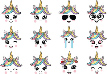 Cute Unicorn Emoticon Face Vector Set Magical Kawaii Pony Emoji Pack with Rainbow Hair