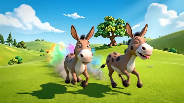 Two cartoon donkeys run across a green field under a blue sky with fluffy clouds, with a tree in the background.
