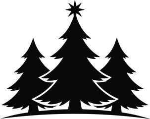 Obraz premium Black silhouette of three stylized Christmas trees with a star on top white vector illustration EPS file download. 