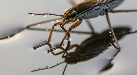 Macro view of a water strider insect with iridescent water droplets on its legs gliding gracefully across a calm water surface