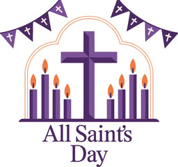 Purple cross and candles with All Saints Day text and bunting event holiday vector illustration EPS file download.

