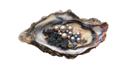 An open oyster shell displays pearls of varying colors alongside dark, granular material