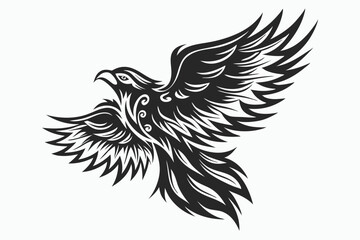Stylized eagle soars, wings spread wide, showcasing intricate tribal patterns in stark black and white