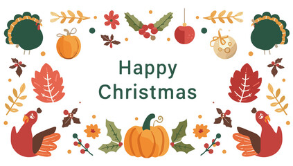  Christmas template card Element  with Thanksgiving elements, featuring a flat design style, incorporating festive colors such as red, green, and gold With png Transparent 