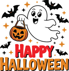 Cute cartoon ghost holding pumpkin trick or treat bag with bats and stars halloween  vector illustration EPS file download.
