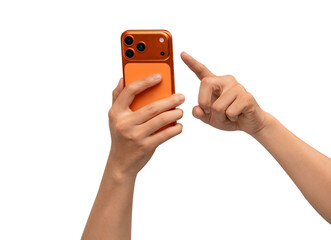 Hands holding a smartphone in cosmic orange with the new design, isolated on transparent PNG. This concept suitable for wireless technology, business, lifestyle and product simulation for advertising.