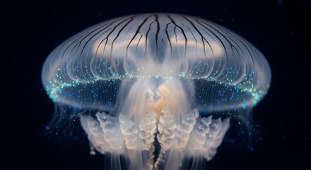 Breathtaking close-up captures ethereal jellyfish, its translucent bell adorned with shimmering bioluminescent blue and green lights, drifting in deep ocean darkness.