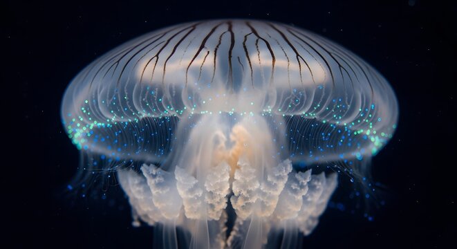Breathtaking close-up captures ethereal jellyfish, its translucent bell adorned with shimmering bioluminescent blue and green lights, drifting in deep ocean darkness.