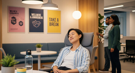 Relaxing in modern office space, woman enjoys break while others chat nearby
