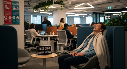 peaceful quiet zone in modern office, promoting relaxation and wellness