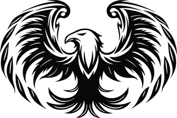Majestic eagle stylized with tribal patterns spreads its wings in a symmetrical, bold artistic design
