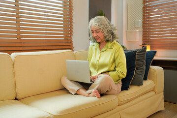 Old woman work at home using notebook computer.