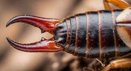 Extreme macro view of an earwig's intimidating pincers and segmented abdomen, showcasing intricate details for scientific and educational use.